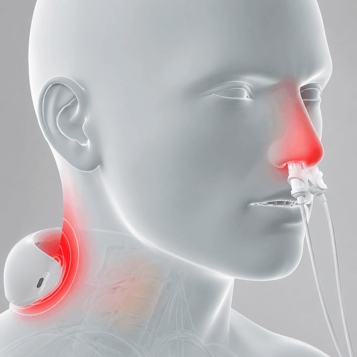 Positioned over the carotid area, plus a nasal probe.